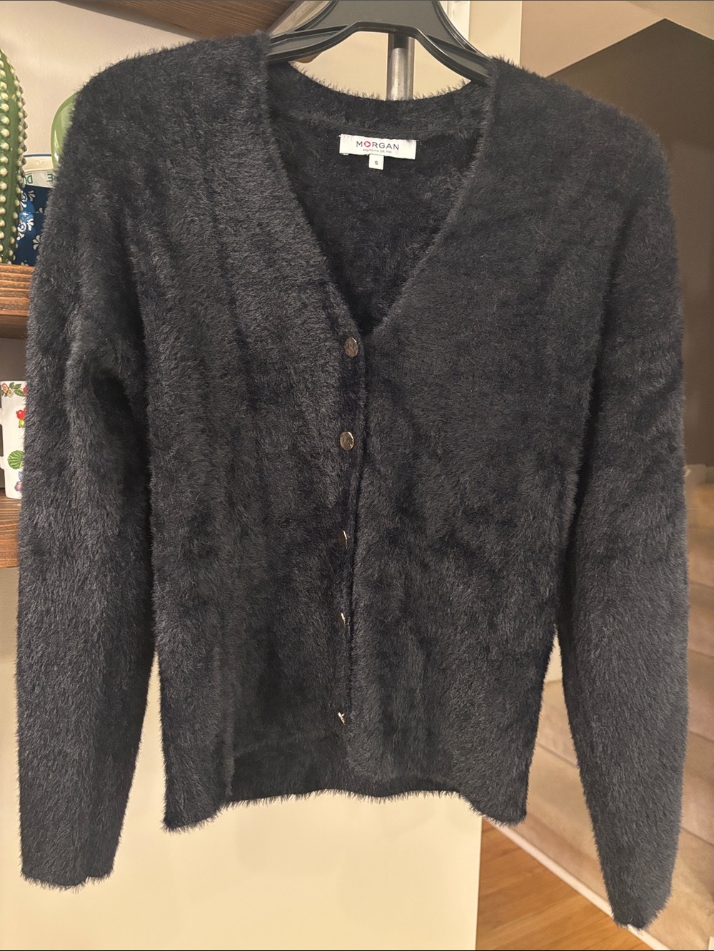 Morgan de Toi Fuzzy V-Neck Cardigan Sweater | Black | Size S
